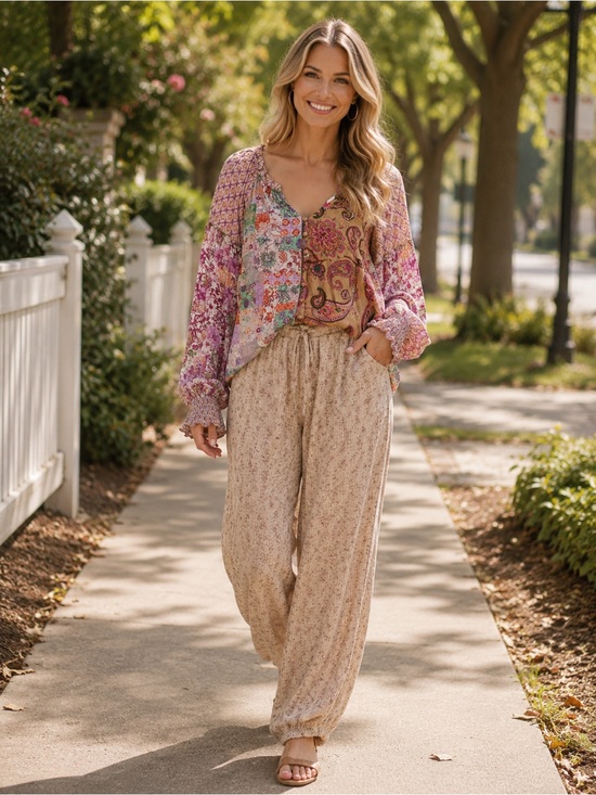 Oli & Hali Tops - H160 New Oli & Hali XL ptp 23 Boho Patchwork Long-Sleeve Top in Pink Floral